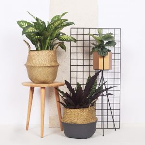 WHISM Foldable Hanging Rattan Flower Pot Basket Handmade Seagrass Wicker Plant Pot Planter Vase Modern Flowerpot Home Decorative