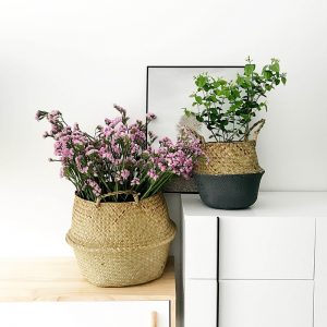 WHISM Foldable Hanging Rattan Flower Pot Basket Handmade Seagrass Wicker Plant Pot Planter Vase Modern Flowerpot Home Decorative